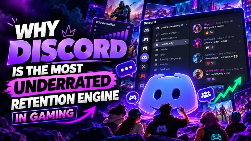 Retention engine in gaming illustrated through a Discord gaming community, player conversations, and a rising retention graph.