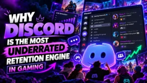 Retention engine in gaming illustrated through a Discord gaming community, player conversations, and a rising retention graph.