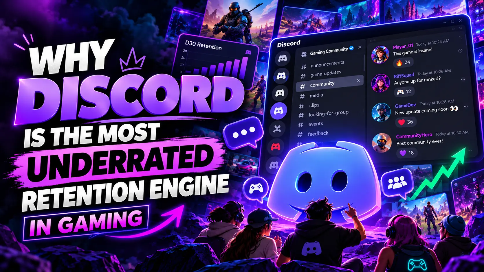 Retention engine in gaming illustrated through a Discord gaming community, player conversations, and a rising retention graph.
