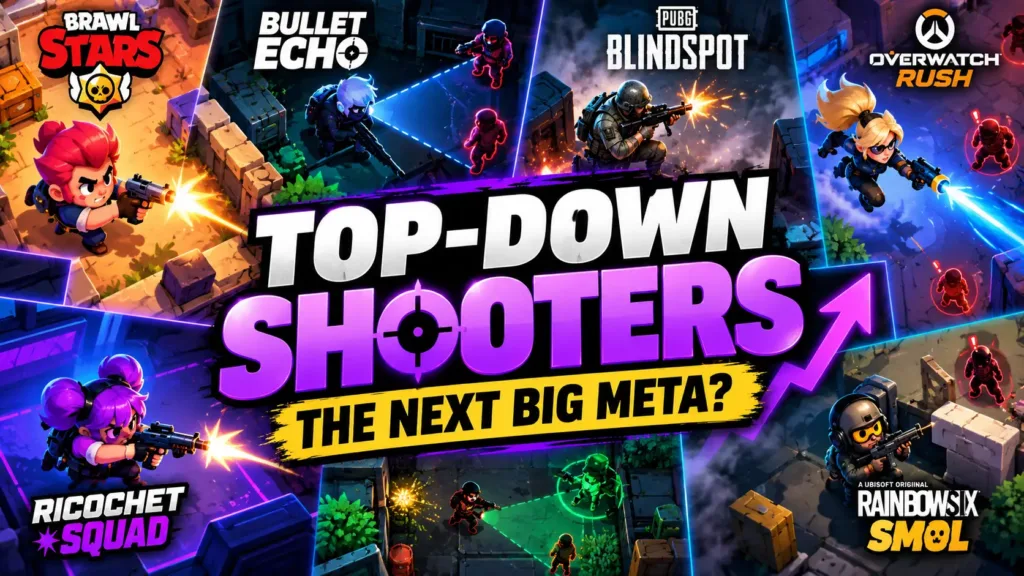 top-down shooters games and the next big mobile gaming trend, featuring Brawl Stars, Bullet Echo, and other shooter titles.