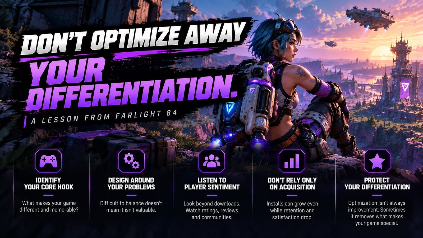 Farlight 84 product differentiation infographic highlighting five lessons on core gameplay, design decisions, player sentiment, acquisition, and protecting what makes a game unique.