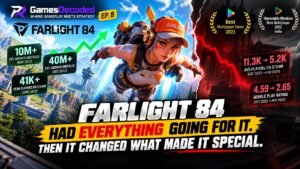 Farlight 84 product differentiation case study showing jetpack gameplay, player statistics and Version 2.0 changes