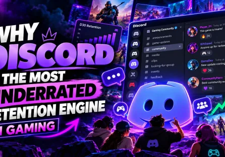 Retention engine in gaming illustrated through a Discord gaming community, player conversations, and a rising retention graph.